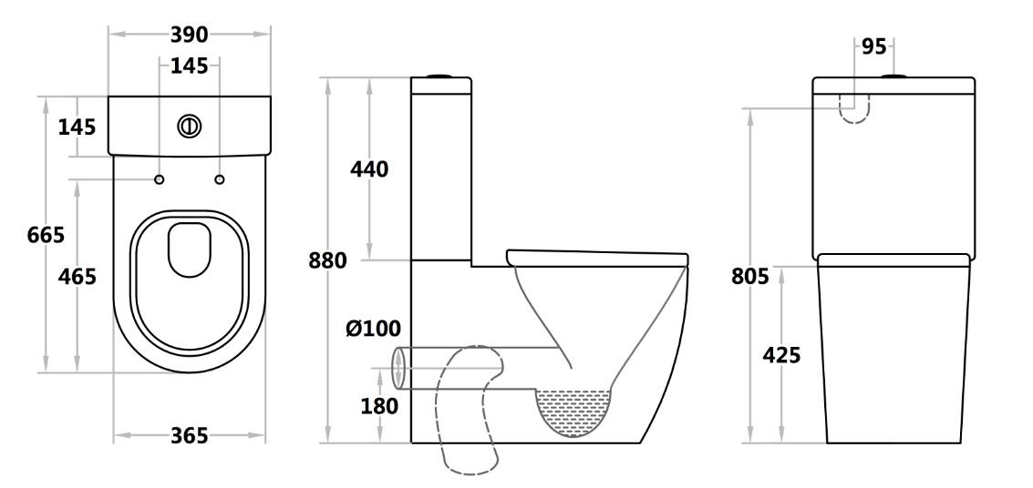 Floor Mounted P/S Trap WC Toilet Water Closet Tornado Two-Piece Toilet Technical Drawing